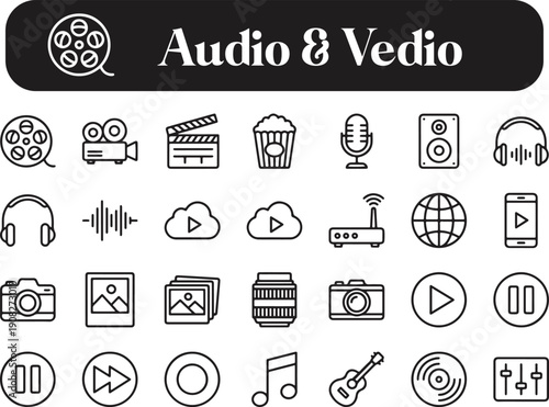Collection of audio and video icons isolated on transparent background for multimedia projects