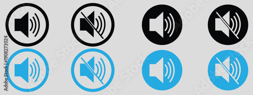 Set of sound and volume control icons, including speaker and muted speaker symbols in black and blue, representing audio settings and user interface elements.