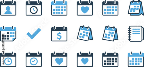Calendar scheduling planner icons set flat vector illustrating appointment reminder date management business planning symbols collection