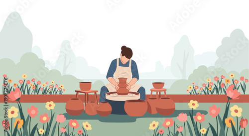Potter Working On Wheel Surrounded By Flowers Outdoors