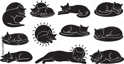 Black cats in various sleeping positions and moods illustration set