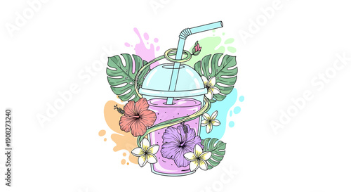 Refreshing Tropical Drink with Flowers and Leaves, Summer Vibes Illustration