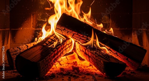 Warm fire burning in a cozy fireplace with glowing flames and firewood at night