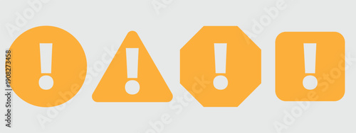 Exclamation mark alert symbols in various geometric shapes like circle, triangle, octagon, and square, in a bright orange hue for warning and notification concepts.