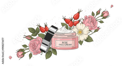 Rose Face Cream Jar with Botanical Flowers and Berries Illustration