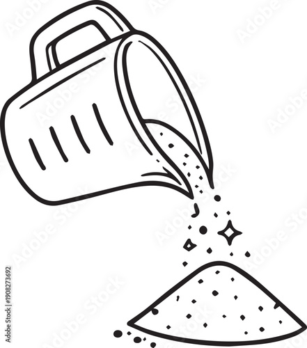 A close-up sketch of flour being poured from measuring cup,  reveals the delicate texture and form. The sketch captures the gentle descent and accumulation of flour