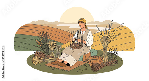 Rural woman weaving basket with wheat stalks in harvested field landscape illustration