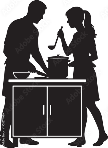 A couple making a lunch together in kitchen in black and white silhouette vector with transparent background 