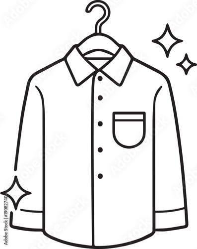 A crisp, freshly-cleaned shirt hangs on a hanger, embodying the essence of neatness and pristine cleanliness in this simple line art.