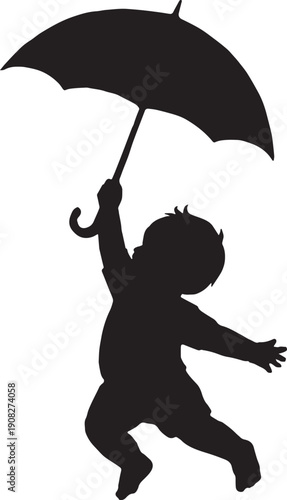 A baby fly with umbrella in black and white silhouette vector with transparent background 