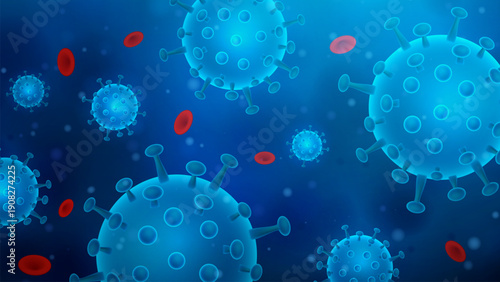 Virus particles floating in air medical virus background concept. Detailed three dimensional illustration showing virus viral particles with spike proteins floating in air representing medical science