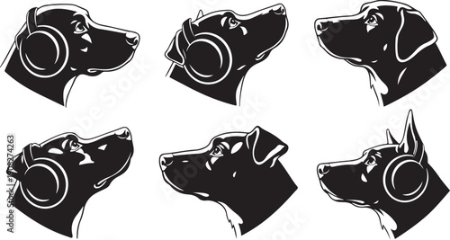 Black and white dog head silhouettes with camera lenses