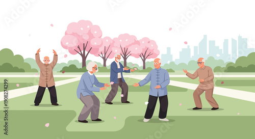 Seniors practicing Tai Chi in a park with cherry blossoms