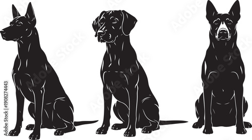 Three Black Dogs Sitting in a Row Silhouette Illustration