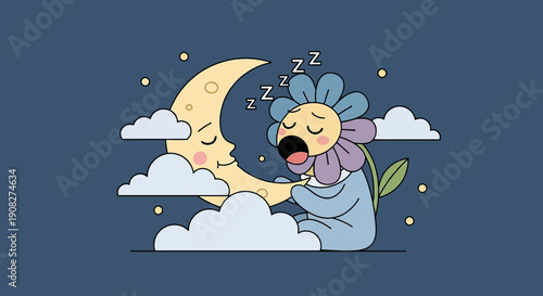 Sleeping Flower Character with Moon and Clouds at Night