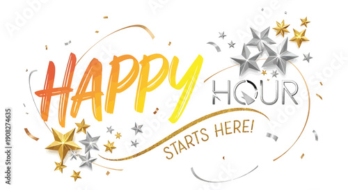 Happy Hour vector illustration, colorful starburst design with text, for bar or restaurant promotion, overlay effect, Isolated on transparent background, png