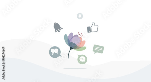 Social Media Icons Floating Around Delicate Flower Illustration