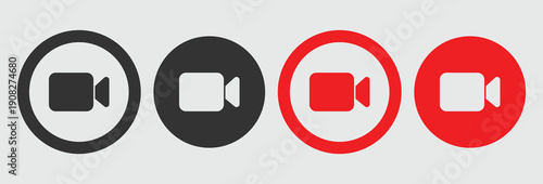 Video recorder icons in black and red, set within circles, signifying recording, playback, and video communication for media and digital applications.