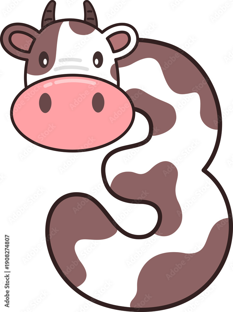 Fototapeta premium Cute Cow Character Number 3 Illustration