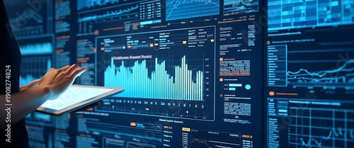 Business professional interacts with digital financial dashboard, data visualizations animate dynamically; camera slowly pans across, highlighting analytics, technology, innovation in cinematic style.