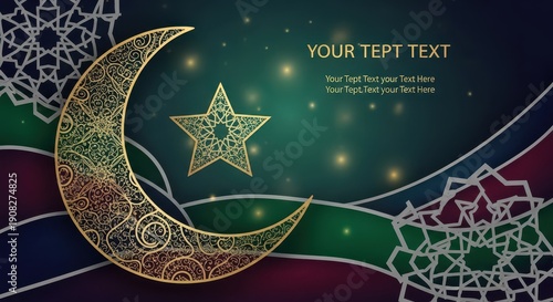 Ornate golden crescent moon and star decorate a dark, layered background with abstract geometric patterns
