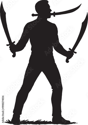 A man stand with two Muslim Swords and One Sword handle he put in his mouth in black and white silhouette vector with transparent background 