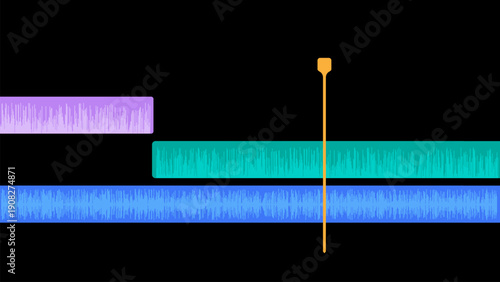 Digital audio editing timeline with waveform tracks interface view. Digital illustration of an audio editing software interface showing multiple colorful waveform tracks on a timeline