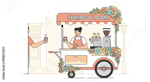 Spring Bloom Coffee Cart: Barista Serving Coffee with Floral Decorations