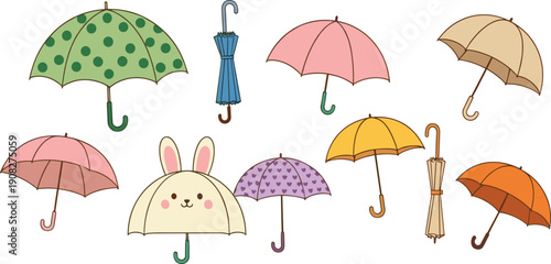 Assorted Colorful Umbrella Vector Set Featuring Polka Dots, Hearts, and Cute Bunny Character Designs for Rainy Day Fashion and Seasonal Weather Graphics