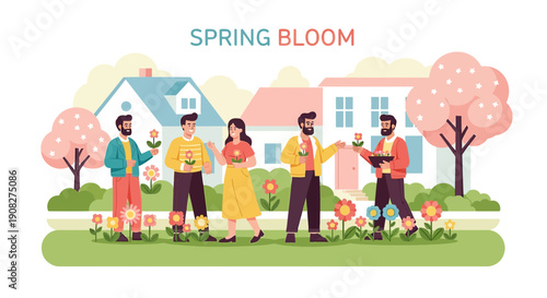 Spring Bloom: Diverse People Enjoying Blossoming Gardens and Nature