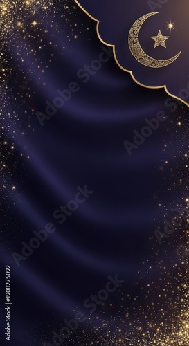 Ornate crescent moon and star decoration adorns a rich, dark blue draped background shimmering with golden particles