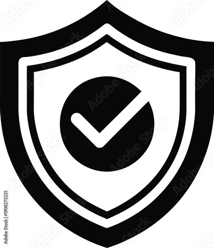 Black and white shield with a checkmark symbol inside a circle