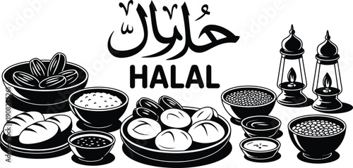 Halal Food Illustration with Arabic and English Text and Lanterns