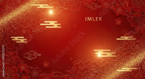 Ornate red background features glowing golden accents and traditional floral motifs