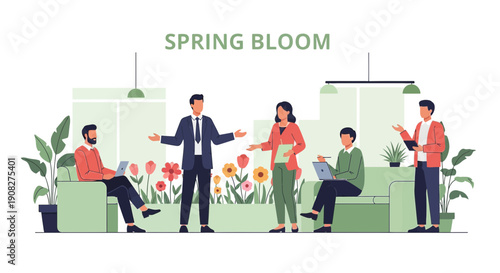 Spring Bloom Office Meeting: People Discussing Growth Among Plants