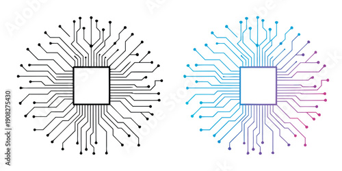 AI chip processor with circuit line on a white background. Artificial intelligence, deep learning, and machine learning. CPU and Microchip. Icon element for application and web. Vector illustration.