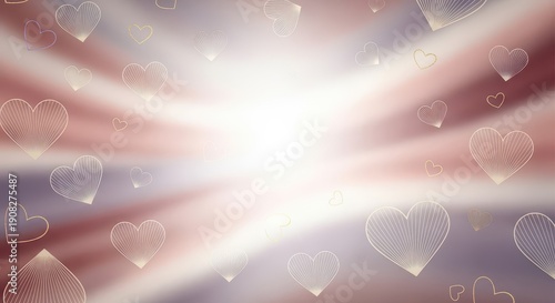 Glowing, soft focus background featuring numerous delicate outline hearts radiating from a bright central light source.