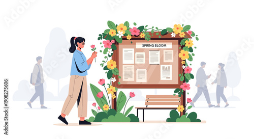 Spring Bloom: Woman Decorating Bulletin Board with Flowers in Park
