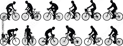 Cyclist Silhouettes Men and Women Riding Bicycles on White Background ffdfxxv vector