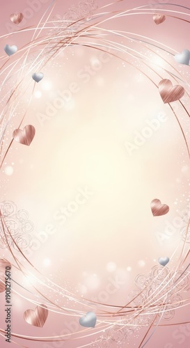Elegant romantic background features flowing lines and floating metallic hearts