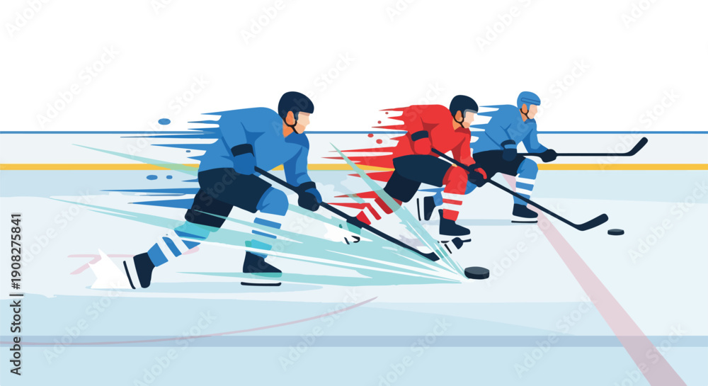 Fototapeta premium Dynamic ice hockey players in intense action on the rink, swiftly skating and competing for the puck. Flat vector illustration capturing speed and excitement of the game.