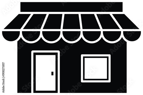 Black and white simple of a storefront with awning door and window shop building