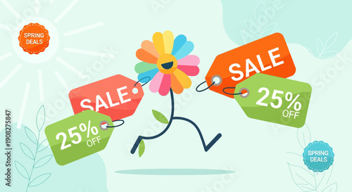 Spring Sale Flower Character Running with Sale Tags and Discounts
