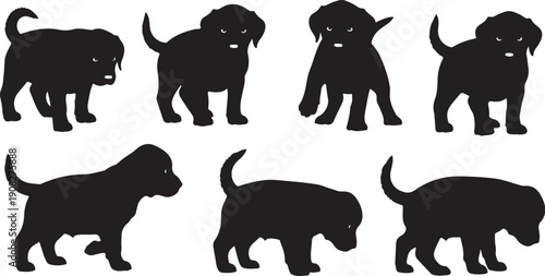Set of black dog silhouettes in various poses and angles isolated