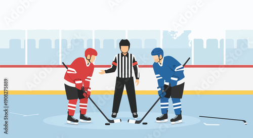 Dynamic ice hockey face-off scene featuring a referee dropping the puck between two competitive players in red and blue jerseys on a professional rink.