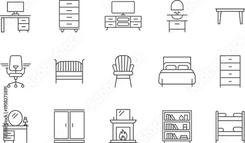 Linear vector icon set for home furniture and interior decor featuring office desks chests of drawers television stands beds wardrobes bookshelves and fireplace symbols