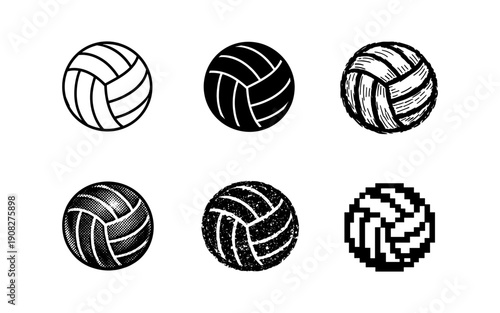 Collection of six different volleyball illustrations in various artistic styles