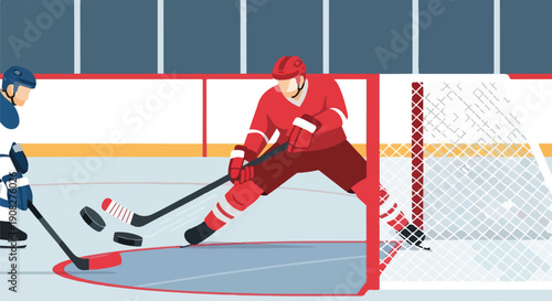 Ice hockey game action: Goalie defends the net against an attacker during a fast-paced match on a professional rink.