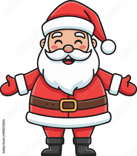 Jolly Santa Claus illustration with outstretched arms and welcoming gesture in a festive holiday scene from a front viewpoint.