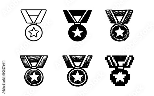 Collection of six different medal icons with stars and ribbons, varying in style